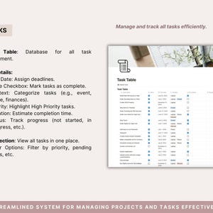 Task management database inside the Notion productivity planner — log tasks with due dates, done checkbox, context categories, high priority flag, duration estimate and status tracking. Inbox section to filter all tasks by priority, pending status and due date. Complete GTD task system in Notion.