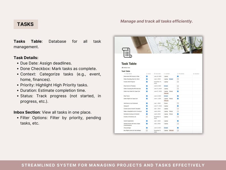 Task management database inside the Notion productivity planner — log tasks with due dates, done checkbox, context categories, high priority flag, duration estimate and status tracking. Inbox section to filter all tasks by priority, pending status and due date. Complete GTD task system in Notion.