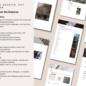 World building toolkit, plot ideas board, research hub and inspiration quotes section of the Notion novel planner. Build immersive settings, cultures and histories for fiction, fantasy and sci-fi writing projects.