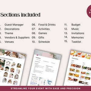 Overview of all 14 sections included in this Notion party planner: guest list, decorations, theme, invitations, vendors, venues, budget, schedule, music, activities, games, food, drinks, gifts and task list. Complete digital event planning workspace.