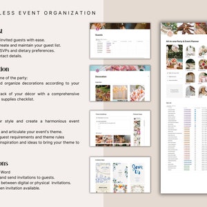 Guest list tracker with RSVP management, decoration moodboard, theme planner and invitation tracker — all inside this Notion party planner template. Perfect for organizing birthday parties, bridal showers and baby showers from start to finish.