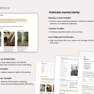 Headspace section of the Notion Decluttering Planner — cultivate mental clarity with planning system definition, calendar declutter, goal setting and prioritization, relationships evaluation, bad habits tracker and thoughts declutter. Includes monthly habit tracker and journaling, meditation and mindful walking guides.