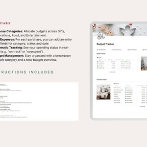 Christmas budget tracker inside the Notion planner — allocate budgets across Gifts and Cards, Food and Drinks, Decoration and Entertainment categories with automatic on-track or overspent status. Add expenses with category, amount, status and date. Includes step-by-step template instructions inside Notion.