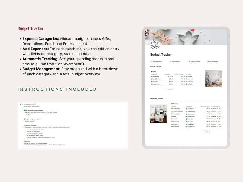 Christmas budget tracker inside the Notion planner — allocate budgets across Gifts and Cards, Food and Drinks, Decoration and Entertainment categories with automatic on-track or overspent status. Add expenses with category, amount, status and date. Includes step-by-step template instructions inside Notion.