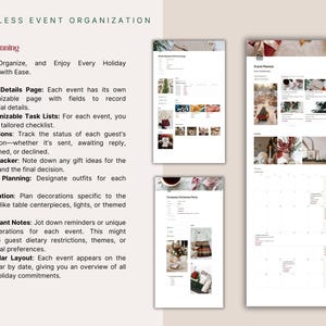 Event Planner section of the Notion Christmas Planner — organize every holiday gathering with event details page, customizable task lists, invitation tracker, gift tracker per event, outfit planning, decoration planner and calendar layout. Manage multiple Christmas events in one digital hub.