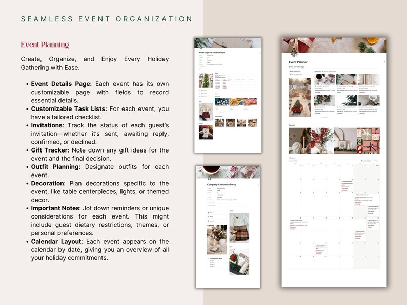Event Planner section of the Notion Christmas Planner — organize every holiday gathering with event details page, customizable task lists, invitation tracker, gift tracker per event, outfit planning, decoration planner and calendar layout. Manage multiple Christmas events in one digital hub.