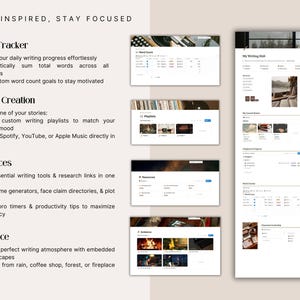 Word count tracker, writing playlist creator, ambiance section and resources hub inside the Notion writing template. Set daily writing goals, track progress and create the perfect atmosphere for your writing sessions.