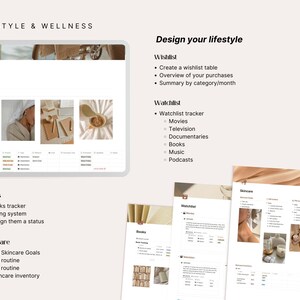 Lifestyle and wellness sections of the beige Notion dashboard — wishlist with purchase tracker, watchlist for movies, TV, documentaries, books, music and podcasts, books tracker with rating system, and skincare routine with AM and PM routines and skincare inventory.