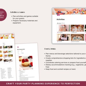 ctivities planner, party games organizer, food menu and drinks tracker sections of the Notion party planner template. Plan every detail of your guests' experience from appetizers to entertainment — all in one digital download.