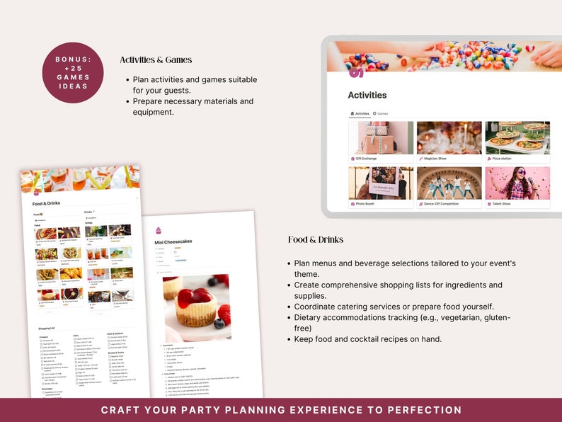 ctivities planner, party games organizer, food menu and drinks tracker sections of the Notion party planner template. Plan every detail of your guests' experience from appetizers to entertainment — all in one digital download.