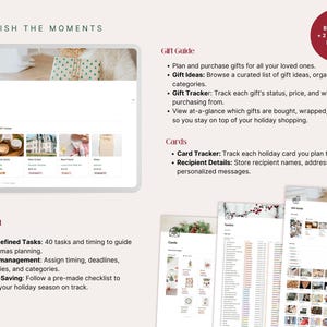 Gift Guide with 200+ curated gift ideas organized by recipient category inside the Notion Christmas Planner. Includes gift tracker with status, price and purchase URL. Holiday card tracker with recipient details and personalized messages. Pre-defined 40-task Christmas checklist with deadlines and priorities.