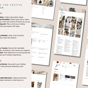Decorations planner with inspiration board, room-by-room checklist and shopping list. Holiday wishlist with pictures, prices and URLs. Giving tracker for charitable activities and donations. Holiday journal for personal reflections and memories section to capture and save favorite Christmas moments.