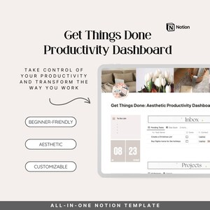 以下が含まれることがあります： Notion 用のデジタル生産性ダッシュボードテンプレートで、ToDo リスト、保留中のタスク、受信トレイ、プロジェクトのセクションがあります。このテンプレートは、初心者でも使いやすく、美しく、カスタマイズ可能です。画像には、08 23 を示す日付表示も含まれています。