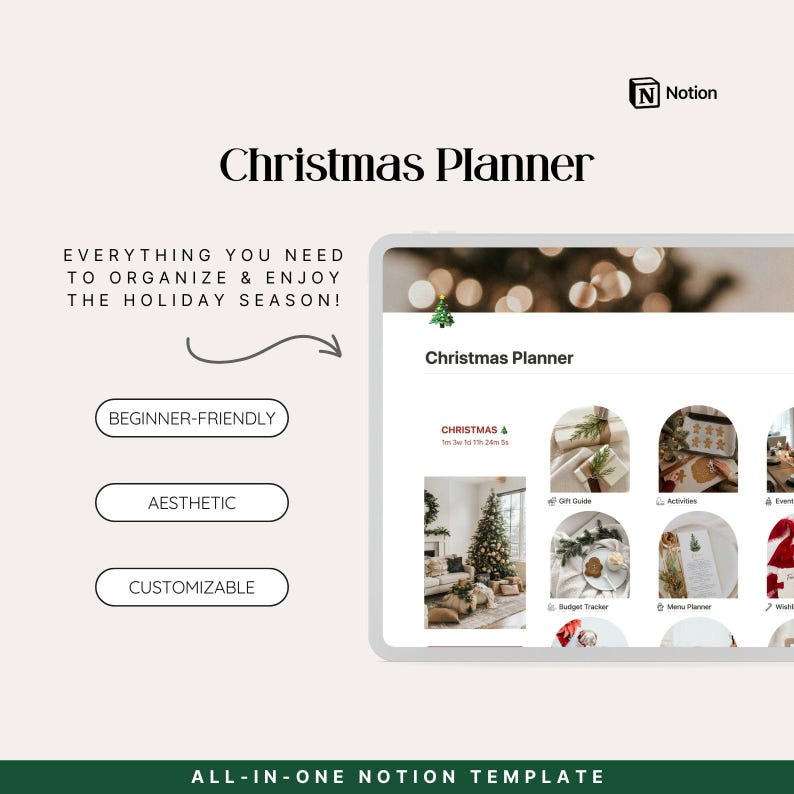 Notion Christmas Planner Template — all-in-one digital holiday organizer with gift tracker, budget planner, menu planner, event organizer, decorations and activities. Beginner-friendly, aesthetic and customizable. Instant digital download for a stress-free holiday season.