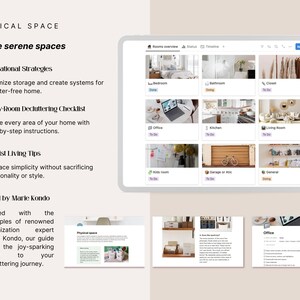 Physical Space section of the Notion Decluttering Planner — room-by-room decluttering checklist covering bedroom, bathroom, closet, office, kitchen, living room, kids room, garage and general areas with status tracking. Organizational strategies and minimalist living tips inspired by the joy-sparking method.