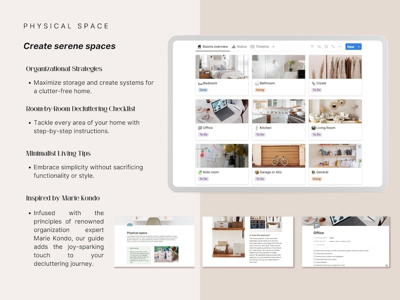 Physical Space section of the Notion Decluttering Planner — room-by-room decluttering checklist covering bedroom, bathroom, closet, office, kitchen, living room, kids room, garage and general areas with status tracking. Organizational strategies and minimalist living tips inspired by the joy-sparking method.