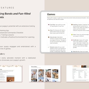 Training guide inside the Notion Puppy Planner — puppy training tips, basic and advanced commands checklist, specific training lessons and positive reinforcement techniques. Games section with 10 curated activities for mental and physical stimulation. Photo Gallery to document your puppy's growth milestones.