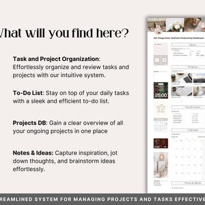 Full dashboard overview of the Notion productivity planner showing inbox with pending and due soon tasks, projects database with gallery view, needs review section, calendar integration and notes and ideas section. All-in-one system for managing projects and tasks in Notion.