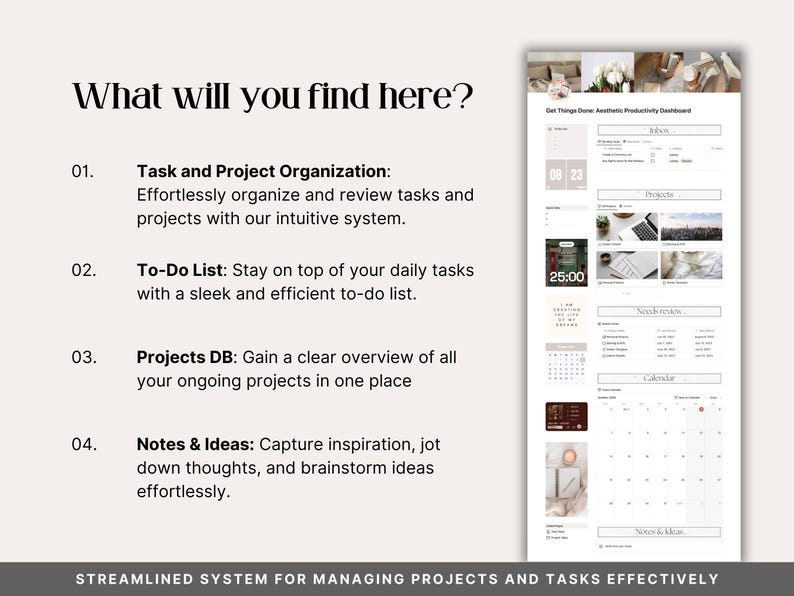 Full dashboard overview of the Notion productivity planner showing inbox with pending and due soon tasks, projects database with gallery view, needs review section, calendar integration and notes and ideas section. All-in-one system for managing projects and tasks in Notion.