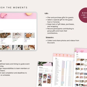 Gift tracker to log presents and send thank-you notes, plus a pre-loaded party task list with timeline inside this Notion template. Never forget a detail before, during or after your celebration.