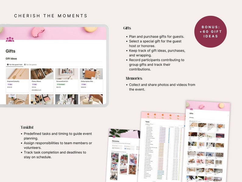 Gift tracker to log presents and send thank-you notes, plus a pre-loaded party task list with timeline inside this Notion template. Never forget a detail before, during or after your celebration.