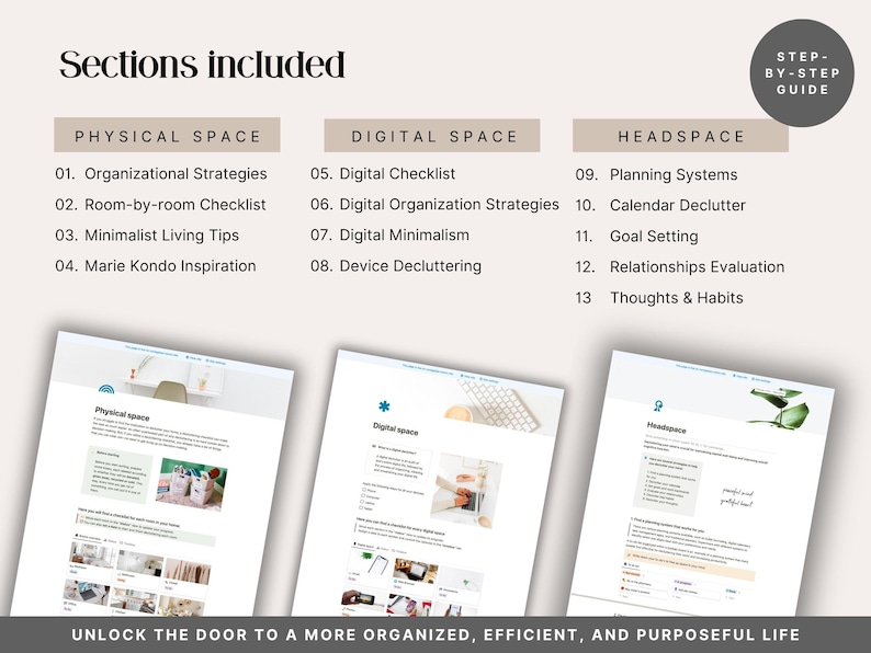 13 sections included in the Notion Decluttering Planner across three areas. Physical Space: organizational strategies, room-by-room checklist, minimalist living tips and minimalism inspiration. Digital Space: digital checklist, organization strategies, digital minimalism and device decluttering. Headspace: planning systems, calendar declutter, goal setting, relationships evaluation and thoughts and habits.