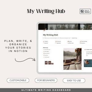 May include: A screenshot of a Notion page titled "My Writing Hub" with a light grey background. The page is divided into sections for chapters, characters, quotes, word count, and world building. There is a section for shortcuts with options for new word count, new chapter, new character, new idea, and new research. There is a section for weekly goals with checkboxes for "Create 1 page" and "Write 1500 words". The page also includes a clock showing the time 08:20 AM.