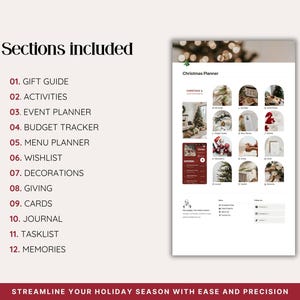 12 sections included in the Notion Christmas Planner: Gift Guide with 200+ ideas, Activities with 30 festive ideas, Event Planner, Budget Tracker, Menu Planner, Wishlist, Decorations, Giving tracker, Cards organizer, Journal, Tasklist with 40 predefined tasks and Memories section.
