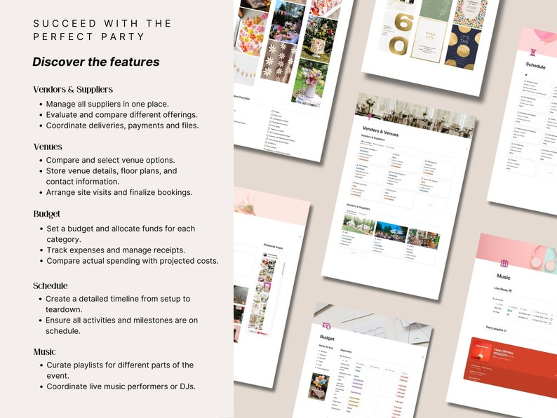 Vendor contact hub, venue details tracker, party budget planner, event timeline and music playlist manager inside this Notion event organizer template. Keep every logistics detail in one place for any celebration.