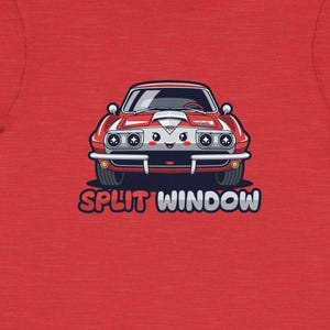 May include: Red toddler t-shirt featuring a cartoon illustration of a classic red car with the text "SPLIT WINDOW" in white. The car has a white stripe and chrome accents. The shirt is made of a soft material.