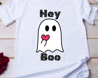 Cute Ghost Halloween Hey Boo Unisex Heavy Cotton Tee, Ghost Shirt, Shirt For Girls, Halloween Shirt, Romantic Gift