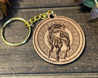 Viking Warrior Norse Keychain | Fantasy Gift, Anniversary Gift | Engraved, Viking Runes, Norse Mythology, Wooden Pagan Jewelry