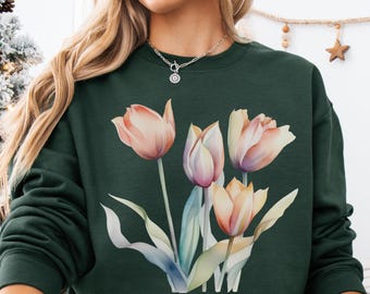 Watercolor Tulip Sweatshirt, Gildan 18000 Floral Crewneck, Vintage Botanical Flower Pullover, Cozy Garden Lover Gift, Aesthetic Sweater