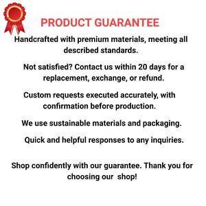 May include: A white background with the text "PRODUCT GUARANTEE" in red. The text describes the shop's commitment to quality, customer satisfaction, and sustainable practices. A red and gold badge is in the upper left corner.