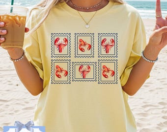 Vintage Lobster Stamp Shirt, Six Lobsters Coastal Tee, Nautical Beach Graphic, Comfort Colors Style Lobster Lover Gift Summer Ocean Shirt