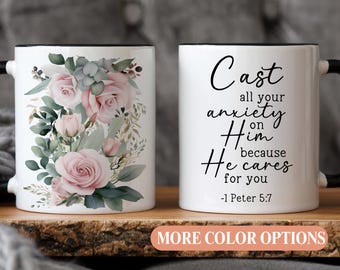 Christian floral coffee mug for her, 1 Peter 5:7 anxiety Bible verse gift, scripture tea cup, faith mug, Christian woman morning devotional