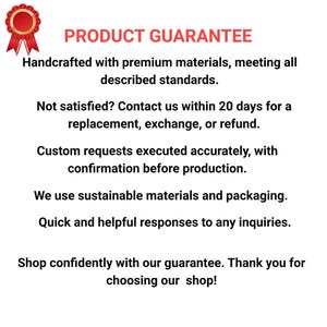 May include: A white background with the text "PRODUCT GUARANTEE" in red. The text describes the shop's commitment to quality, customer satisfaction, and sustainable practices. A red and gold badge is in the upper left corner.
