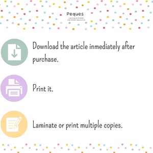 May include: A graphic with three steps for downloading, printing, and laminating or printing multiple copies of a digital product. The graphic features three icons: a download arrow, a printer, and a pencil and paper.