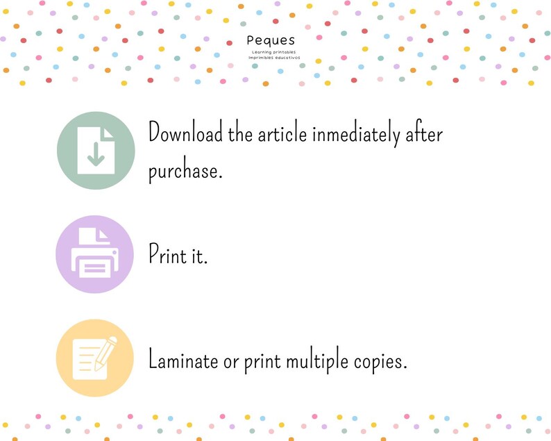 May include: A graphic with three steps for downloading, printing, and laminating or printing multiple copies of a digital product. The graphic features three icons: a download arrow, a printer, and a pencil and paper.