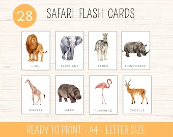 28 Safari Animals Flash Cards, Montessori Materials, Educational Printable Cards, Zoo Animals Flash Cards, Teaching Animal, Toddler resource