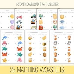 May include: A set of 25 printable matching worksheets for kids. Each worksheet features a colorful illustration of a different theme, such as transportation, animals, or weather. The worksheets are designed to help children develop their matching skills and visual discrimination.