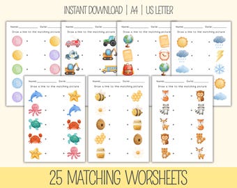 25 Printable Matching Worksheets, Match the Picture, Kindergarten Preschool Activity, Busybook, Educational Pages, Teaching resources