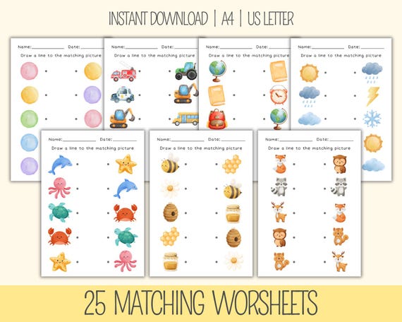 25 Printable Matching Worksheets, Match the Picture, Kindergarten Preschool Activity, Busybook, Educational Pages, Teaching resources