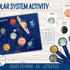 Paquete de actividades del sistema solar, estudio de la unidad espacial, modelo y carteles del sistema solar, estudio de astronomía Montessori para educación en el hogar, tarjetas de planetas para preescolar