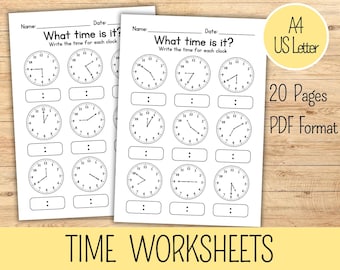 20 Telling Time Worksheets, Learn Telling Time, Printable Time Worksheets, Hour Clock Worksheet, First Grade Worksheet, Time Practice