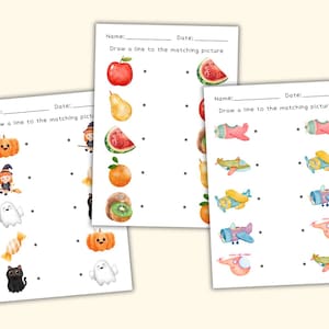 May include: Three printable worksheets with matching activities for kids. The first worksheet features Halloween themed images, the second features fruit and the third features airplanes. Each worksheet has the text "Draw a line to the matching picture".