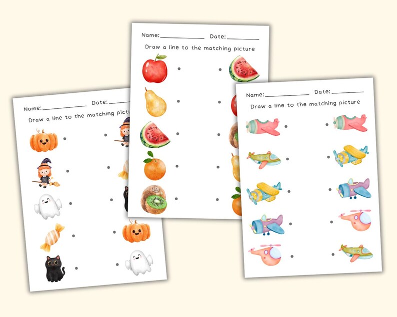 May include: Three printable worksheets with matching activities for kids. The first worksheet features Halloween themed images, the second features fruit and the third features airplanes. Each worksheet has the text "Draw a line to the matching picture".