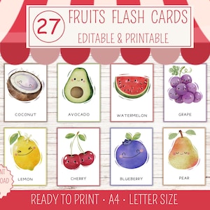 27 Printable Fruits Flashcards, Montessori Flashcards,  Three Part Cards, Fruits cards, Toddler Education, Preschool Learning Materials