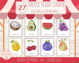 27 Printable Fruits Flashcards, Montessori Flashcards,  Three Part Cards, Fruits cards, Toddler Education, Preschool Learning Materials
