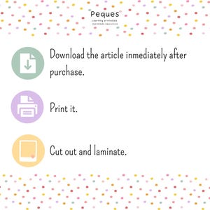 May include: A white background with colorful polka dots.  Instructions for downloading, printing, and laminating an item are shown with icons.  The text reads: "Download the article immediately after purchase. Print it. Cut out and laminate."